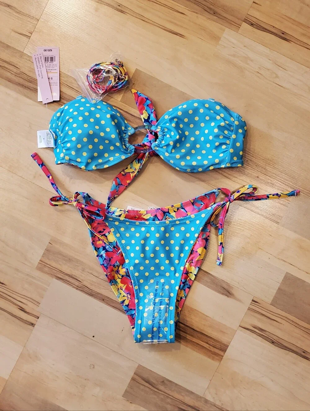 NWT Colorful Reversable Floral to Polka-dot Ring-Detail Bikini Set